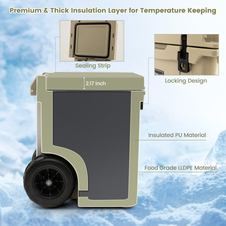 Portable 45 Quart Cooler Towable Ice Chest Outdoor Camping Ice Box with Wheels