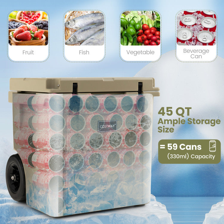 Portable 45 Quart Cooler Towable Ice Chest Outdoor Camping Ice Box with Wheels