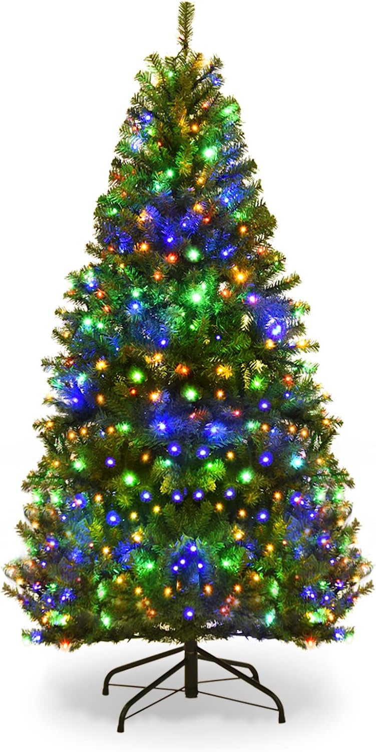 Pre-Lit Artificial Christmas Tree with Multicolored 150 LED Lights and Metal Stand