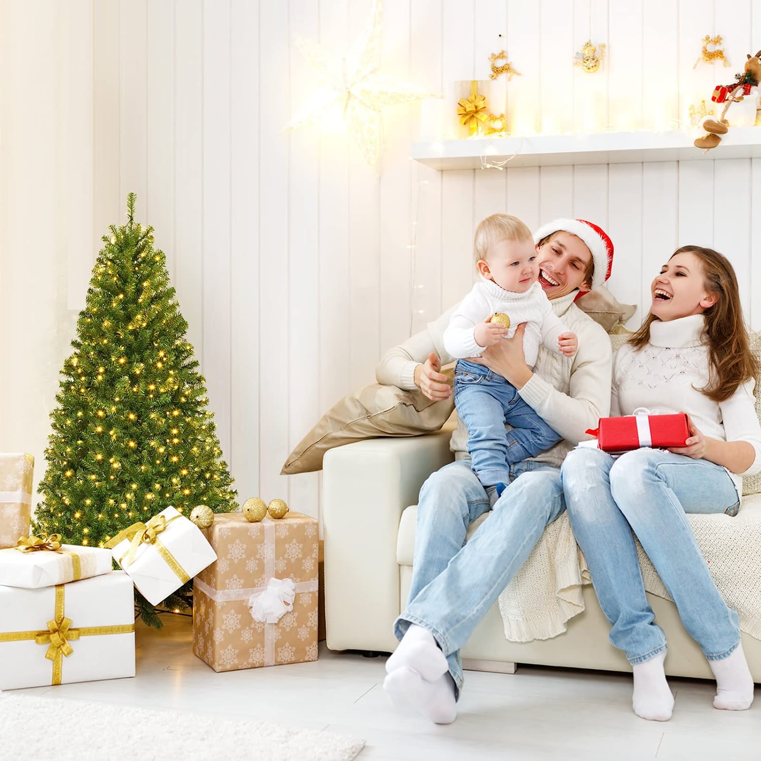 Pre-Lit Artificial Christmas Tree with Multicolored 150 LED Lights and Metal Stand
