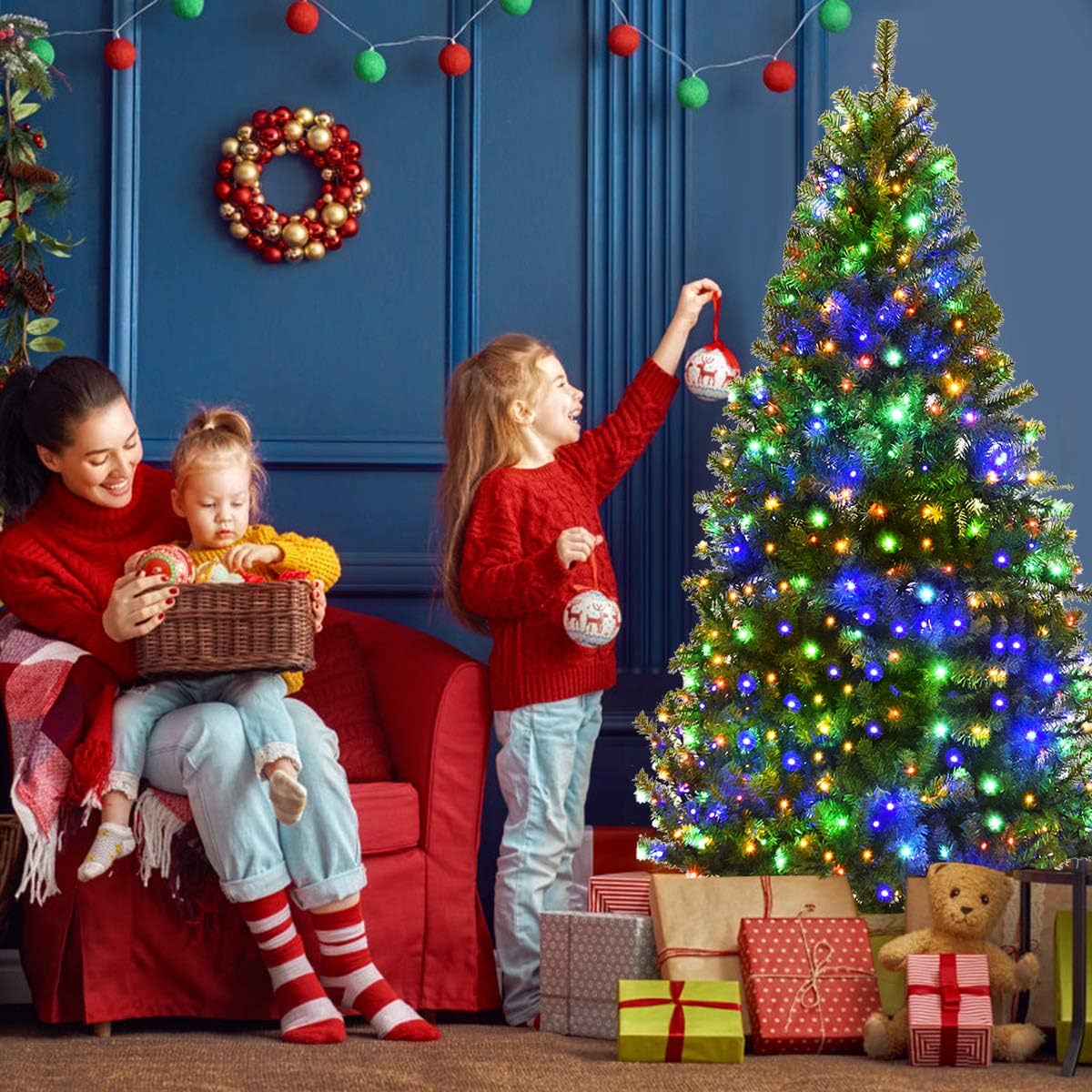 Pre-Lit Artificial Christmas Tree with Multicolored 150 LED Lights and Metal Stand