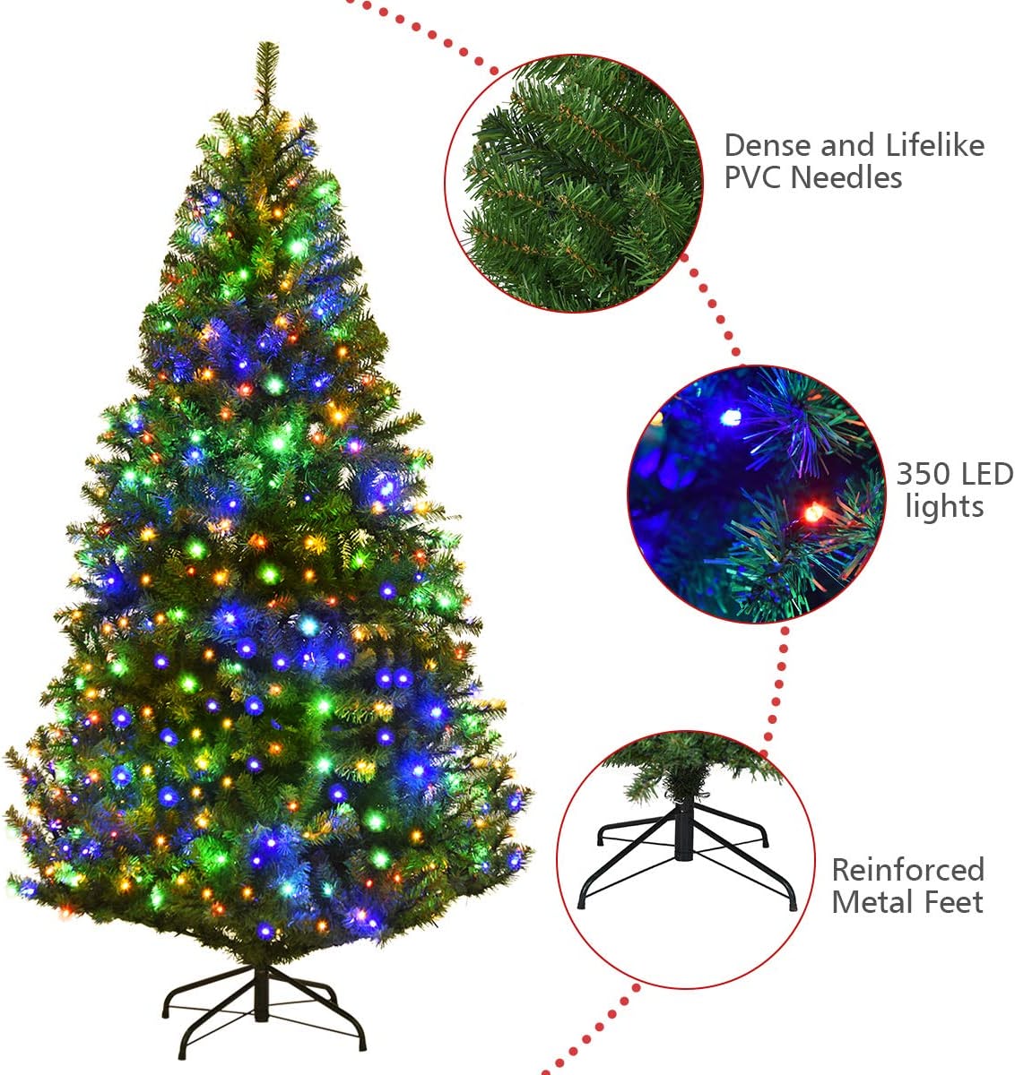 Pre-Lit Artificial Christmas Tree with Multicolored 150 LED Lights and Metal Stand