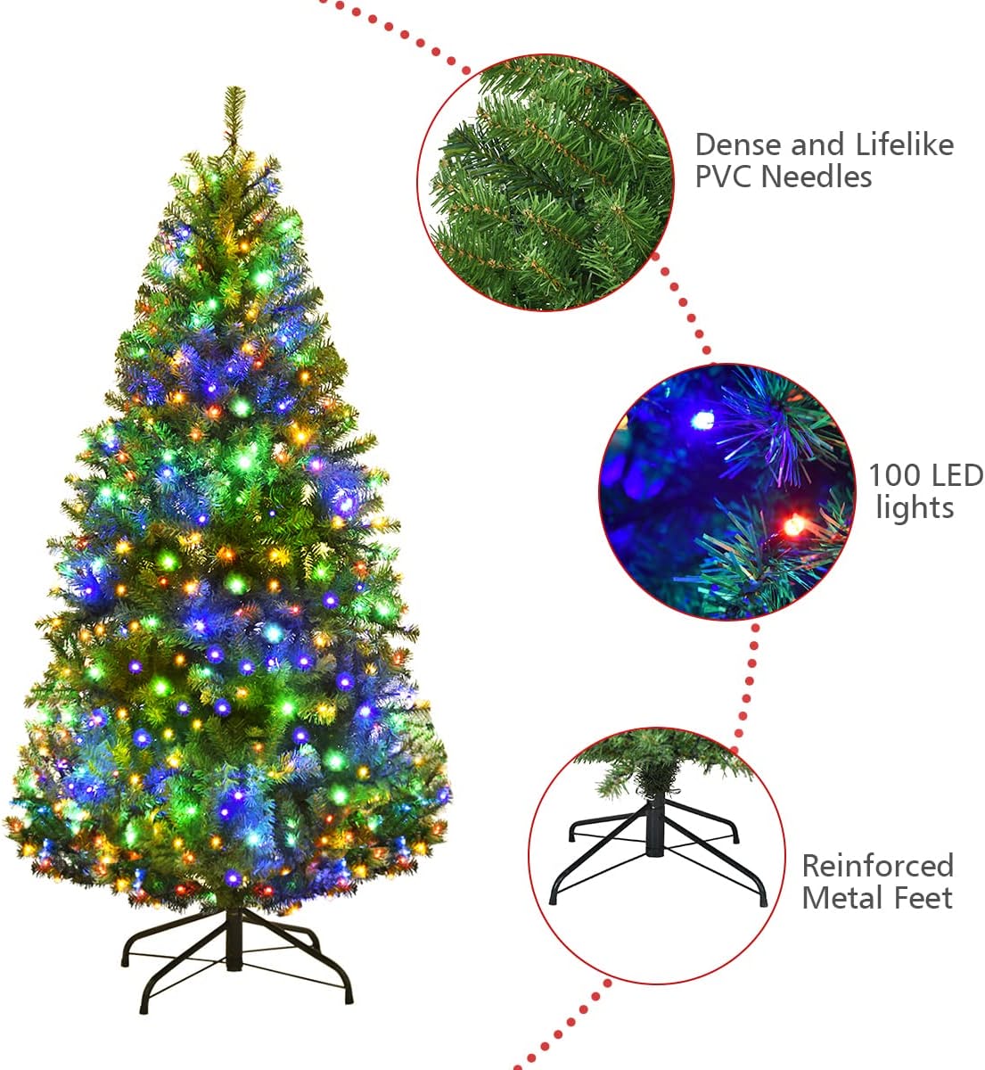 Pre-Lit Artificial Christmas Tree with Multicolored 150 LED Lights and Metal Stand