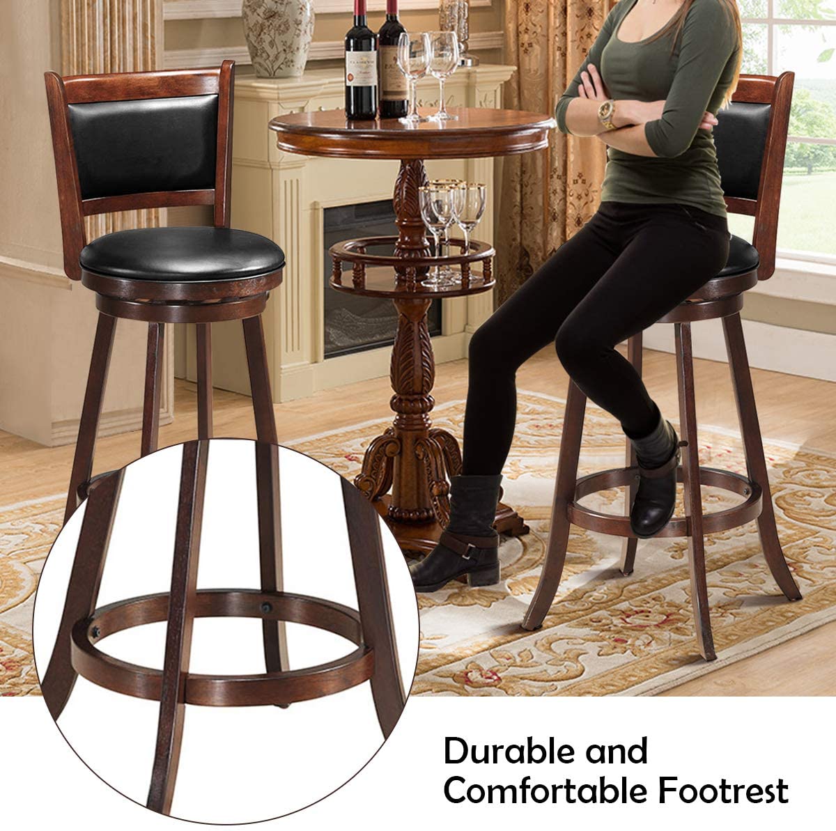 Set of 2 Bar Stools 360 Degree Swivel Accent Wooden Counter Height Dining Chairs with Cushioned Seat