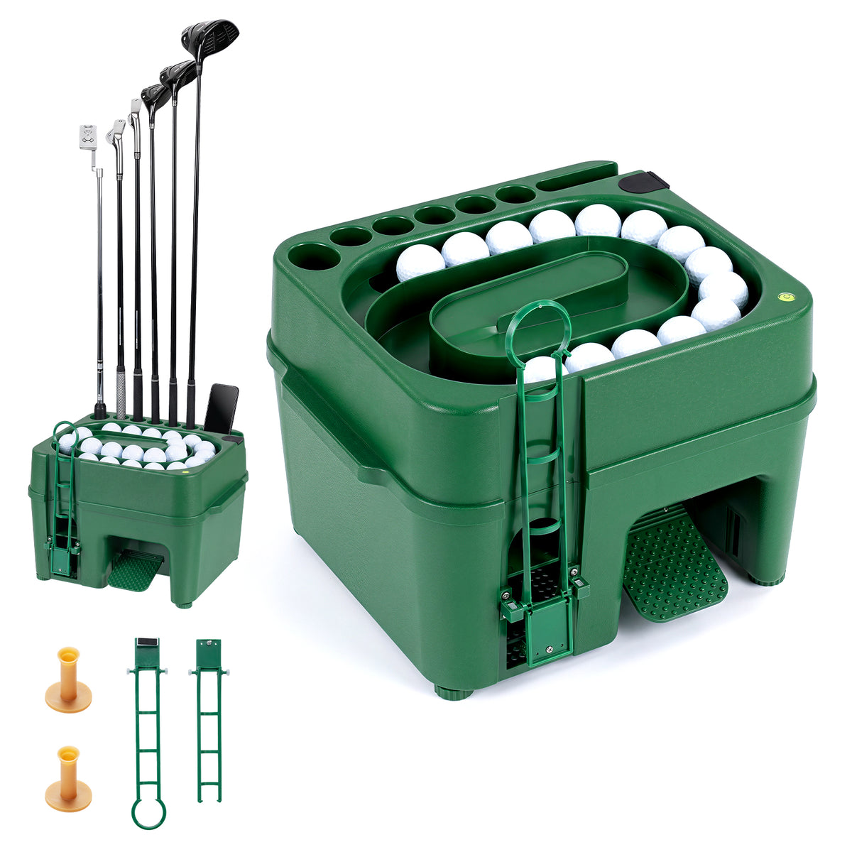 Golf Ball Dispenser, 6-Club Holder, 2 Hitting Modes, Green