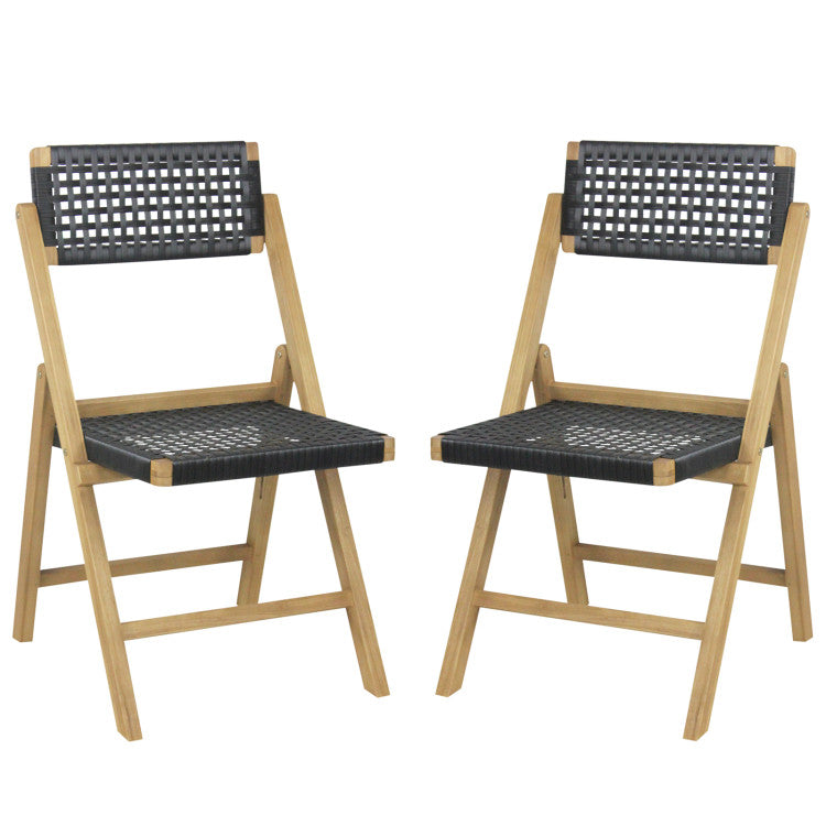 Set of 2 Patio High-Back Folding Chairs Portable Solid Teak Wood Dining Chairs with Woven Rope Seat & Back