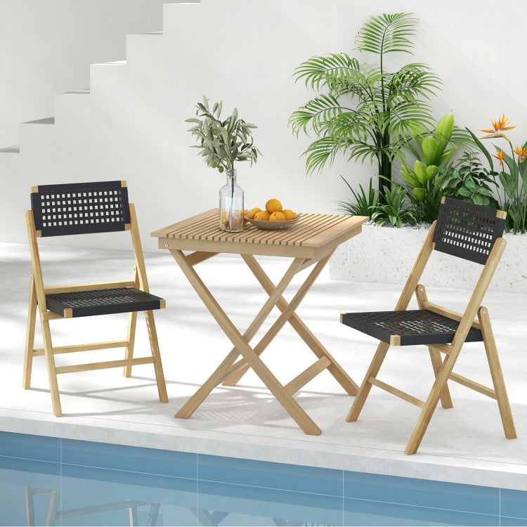 Set of 2 Patio High-Back Folding Chairs Portable Solid Teak Wood Dining Chairs with Woven Rope Seat & Back