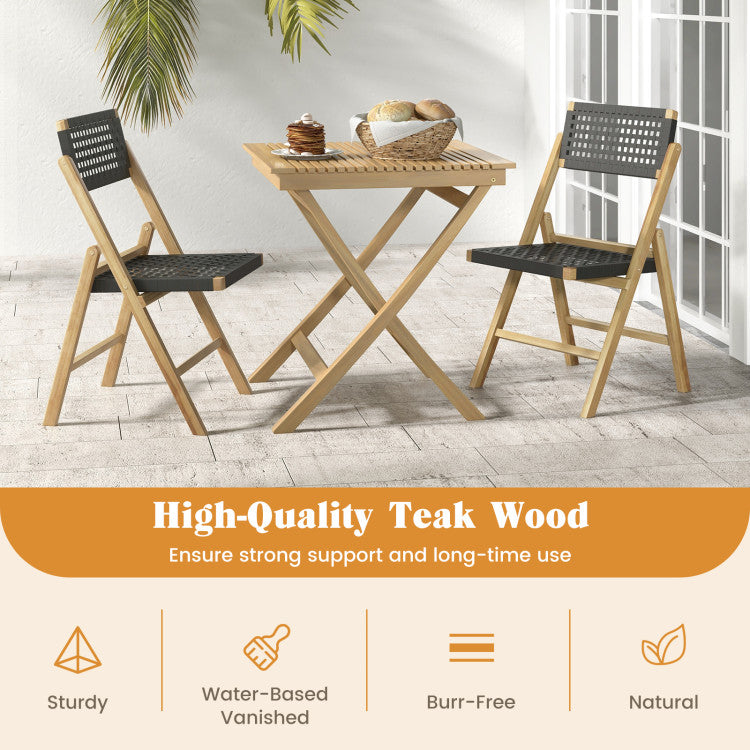 Set of 2 Patio High-Back Folding Chairs Portable Solid Teak Wood Dining Chairs with Woven Rope Seat & Back