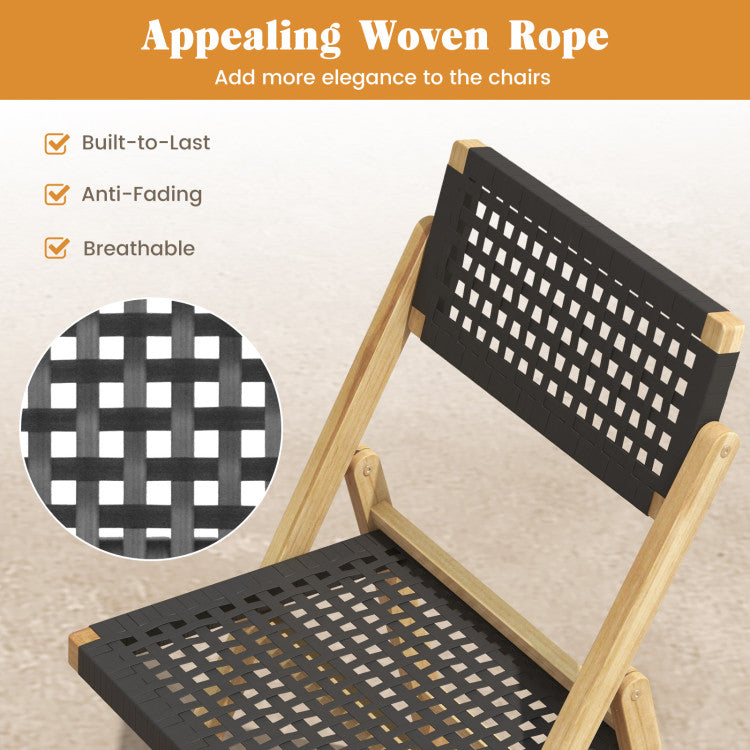 Set of 2 Patio High-Back Folding Chairs Portable Solid Teak Wood Dining Chairs with Woven Rope Seat & Back