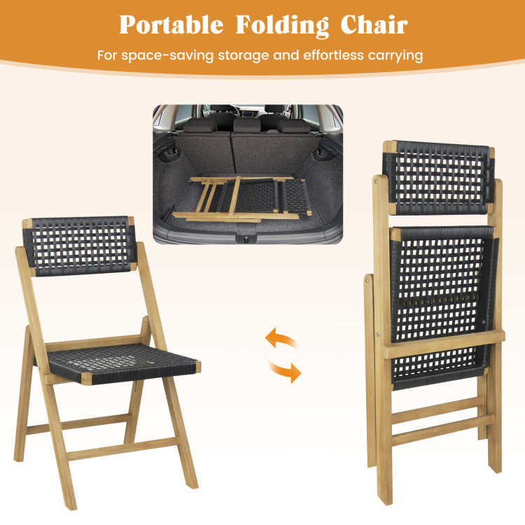 Set of 2 Patio High-Back Folding Chairs Portable Solid Teak Wood Dining Chairs with Woven Rope Seat & Back