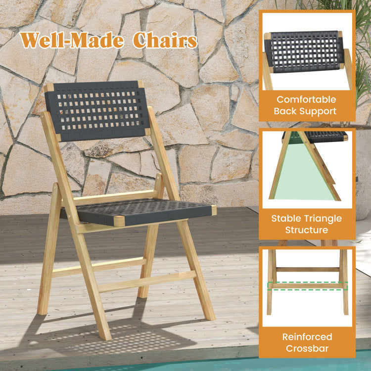 Set of 2 Patio High-Back Folding Chairs Portable Solid Teak Wood Dining Chairs with Woven Rope Seat & Back