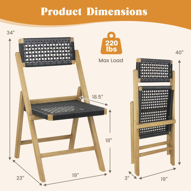 Set of 2 Patio High-Back Folding Chairs Portable Solid Teak Wood Dining Chairs with Woven Rope Seat & Back