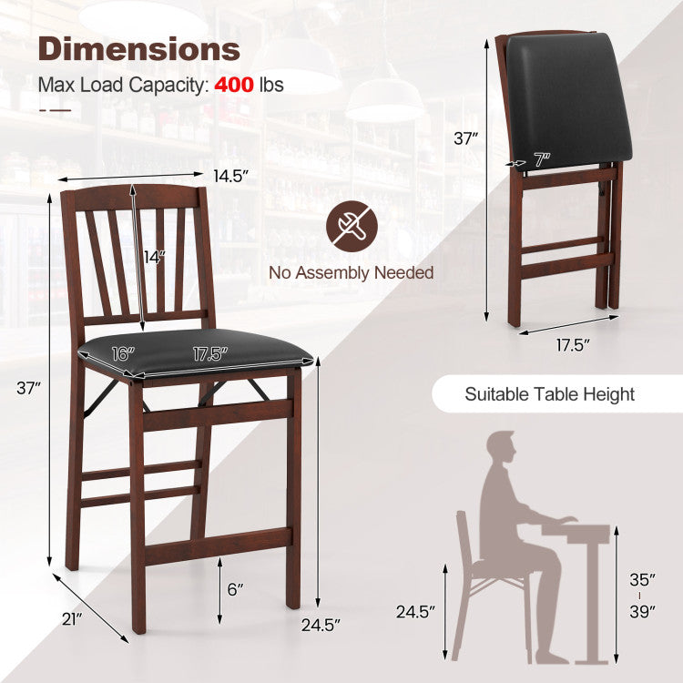Set of 2 Counter Height Bar Stools Portable Folding Kitchen Island Chairs with Anti-slip Foot Pads and Inclined Backrests for Dining Room