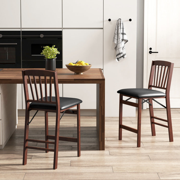 Set of 2 Counter Height Bar Stools Portable Folding Kitchen Island Chairs with Anti-slip Foot Pads and Inclined Backrests for Dining Room