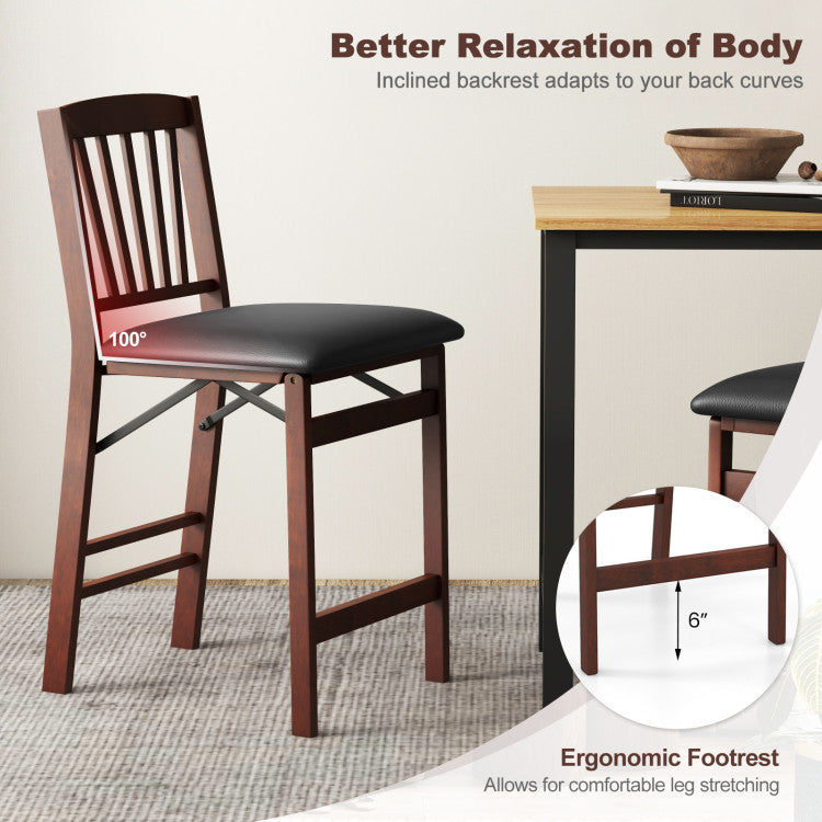 Set of 2 Counter Height Bar Stools Portable Folding Kitchen Island Chairs with Anti-slip Foot Pads and Inclined Backrests for Dining Room