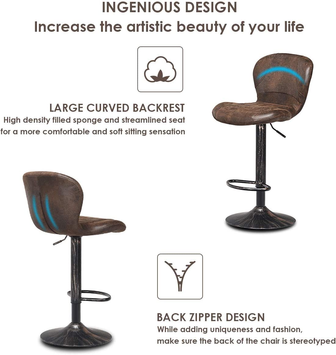 Set of 2 Adjustable Retro Swivel Barstools Hot-Stamping Bar Height Chairs with Chrome Footrest and Backrest