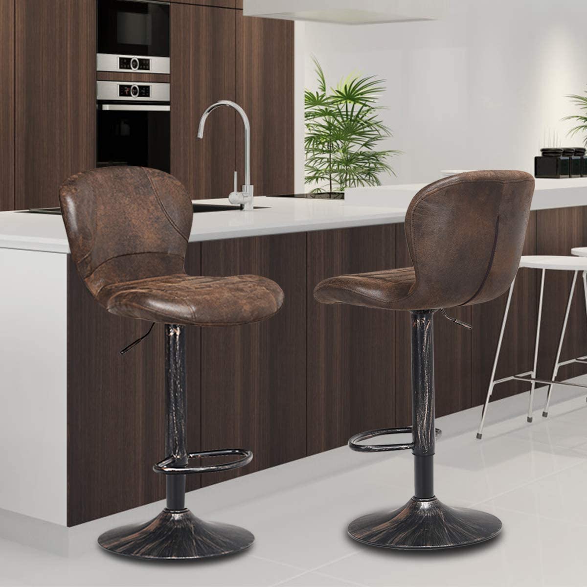 Set of 2 Adjustable Retro Swivel Barstools Hot-Stamping Bar Height Chairs with Chrome Footrest and Backrest