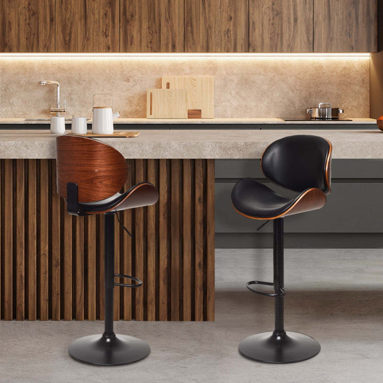 Set of 2 Bar Stools 360-degree Swivel Adjustable Barstools PU Leather Seat Dining Chairs with Curved Footrest