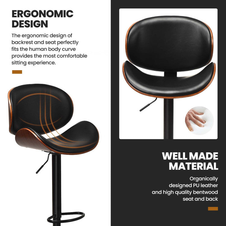 Set of 2 Bar Stools 360-degree Swivel Adjustable Barstools PU Leather Seat Dining Chairs with Curved Footrest