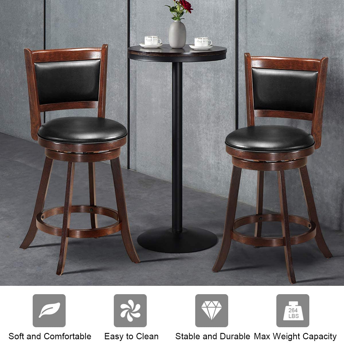 Set of 2 Bar Stools 360 Degree Swivel Accent Wooden Counter Height Dining Chairs with Cushioned Seat