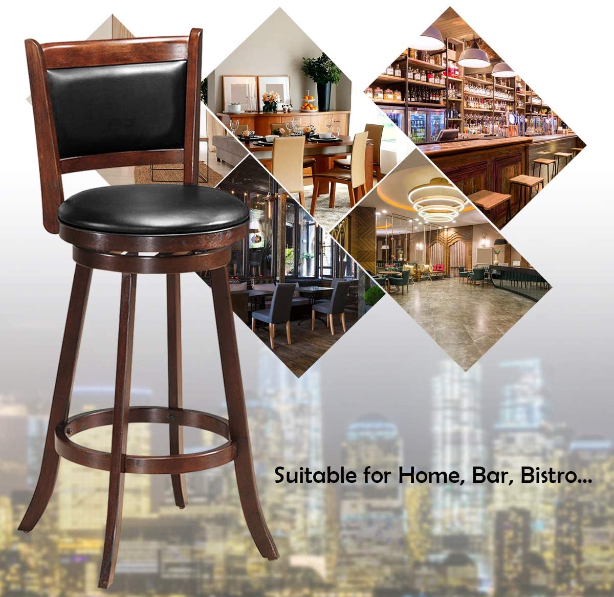 Set of 2 Bar Stools 360 Degree Swivel Accent Wooden Counter Height Dining Chairs with Cushioned Seat