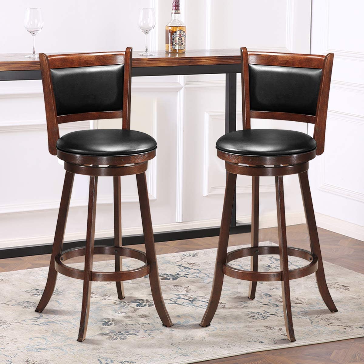 Set of 2 Bar Stools 360 Degree Swivel Accent Wooden Counter Height Dining Chairs with Cushioned Seat