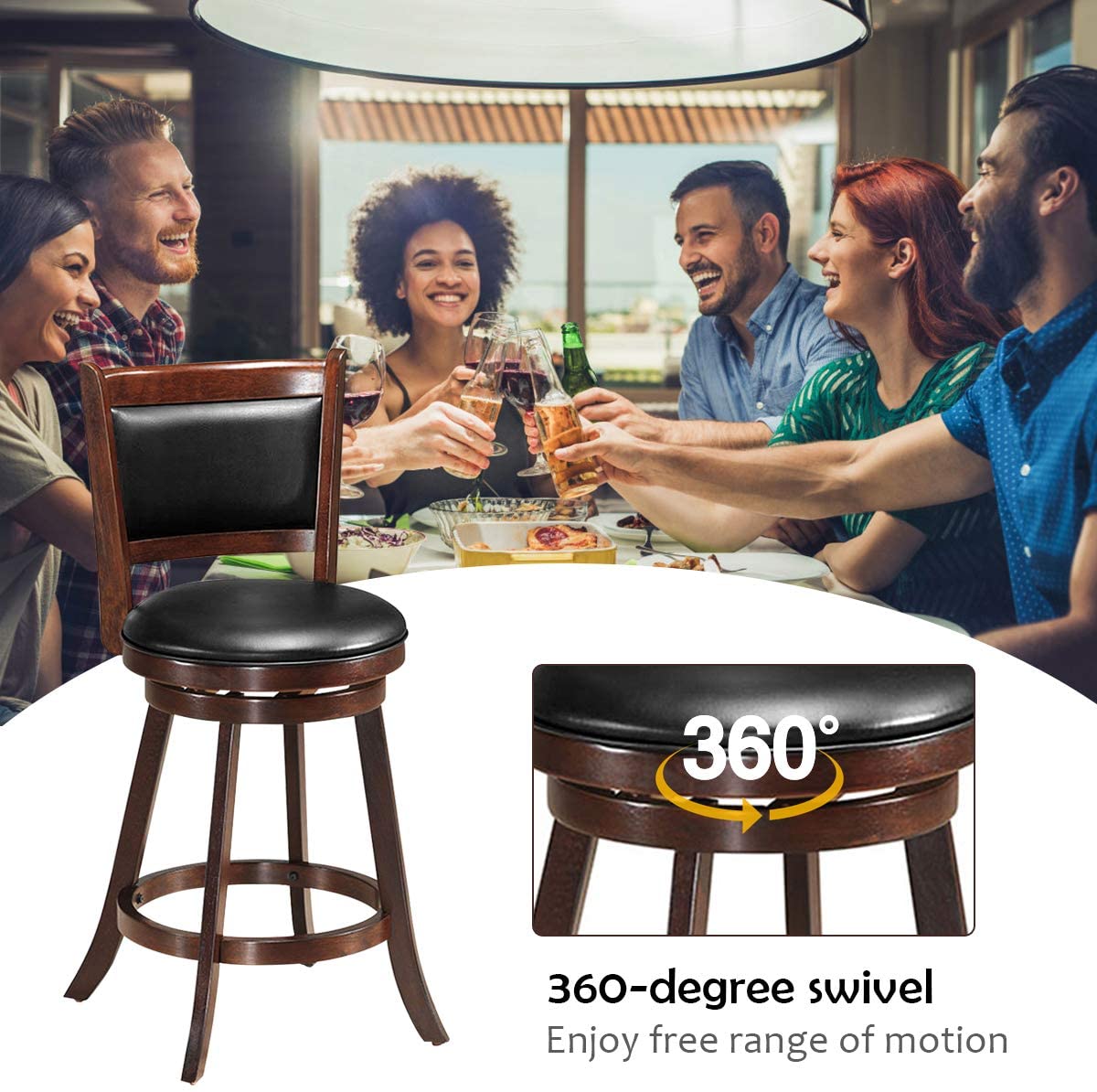 Set of 2 Bar Stools 360 Degree Swivel Accent Wooden Counter Height Dining Chairs with Cushioned Seat