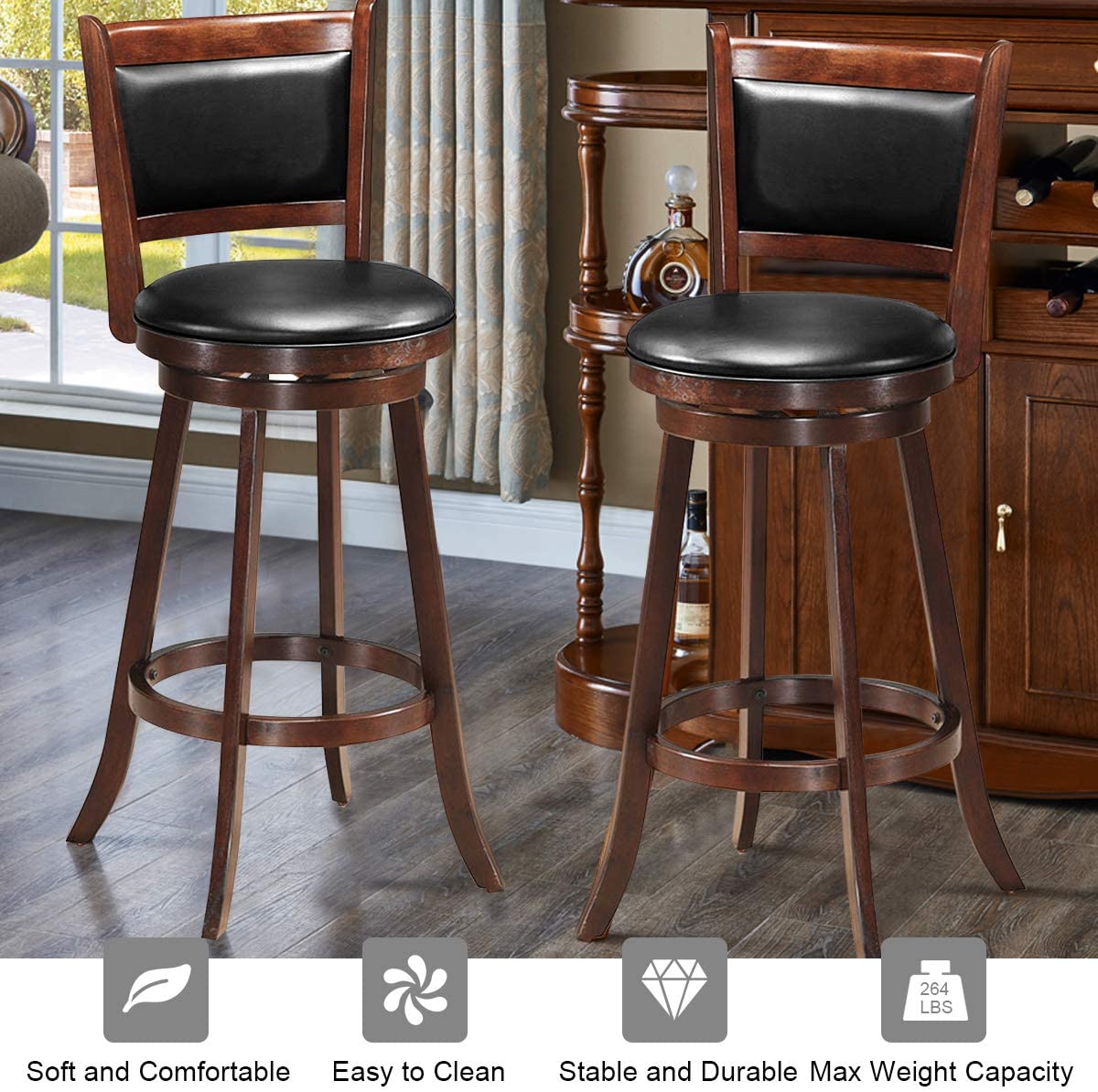 Set of 2 Bar Stools 360 Degree Swivel Accent Wooden Counter Height Dining Chairs with Cushioned Seat