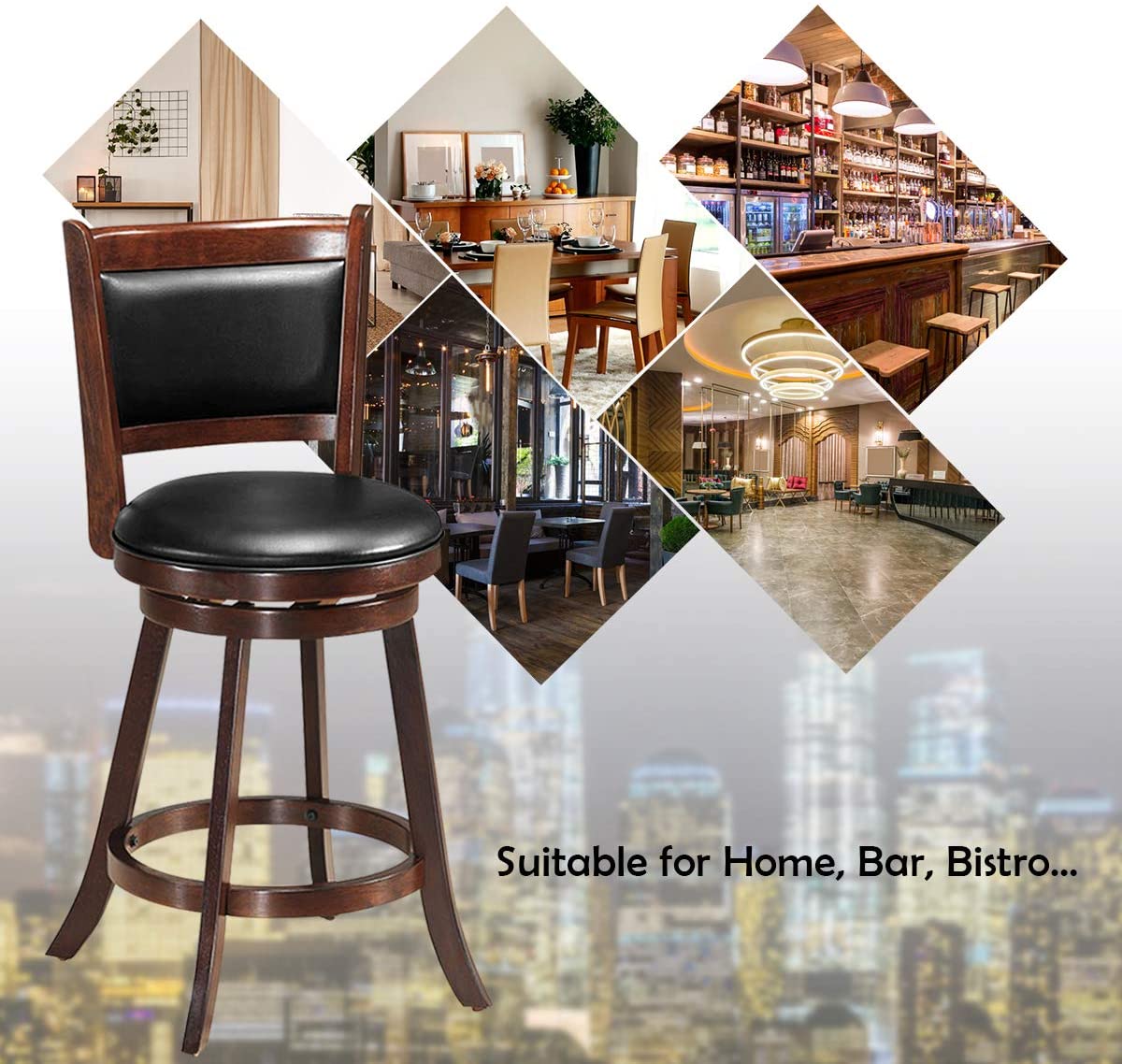Set of 2 Bar Stools 360 Degree Swivel Accent Wooden Counter Height Dining Chairs with Cushioned Seat