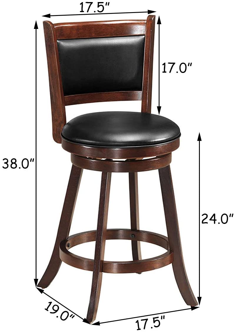 Set of 2 Bar Stools 360 Degree Swivel Accent Wooden Counter Height Dining Chairs with Cushioned Seat