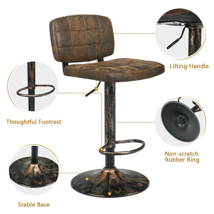 Set of 2 Vintage Bar Stools 360° Swivel Adjustable Height Bar Chairs with Footrest for Pub Kitchen