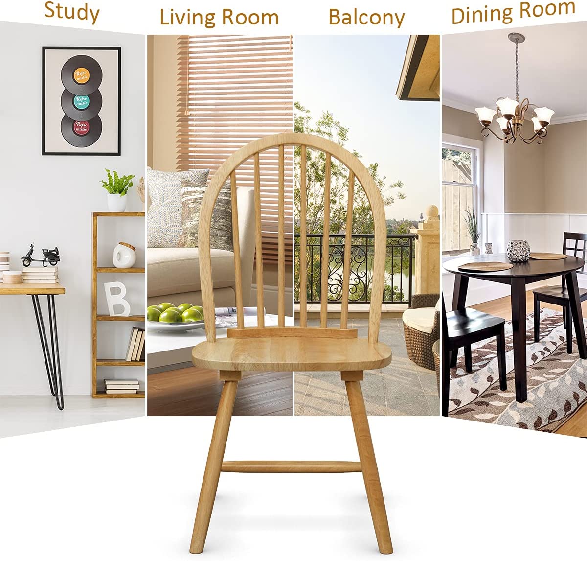 Set of 2 Vintage Windsor Wood Dining Chairs with Armless Spindle Back for Kitchen Dining Room
