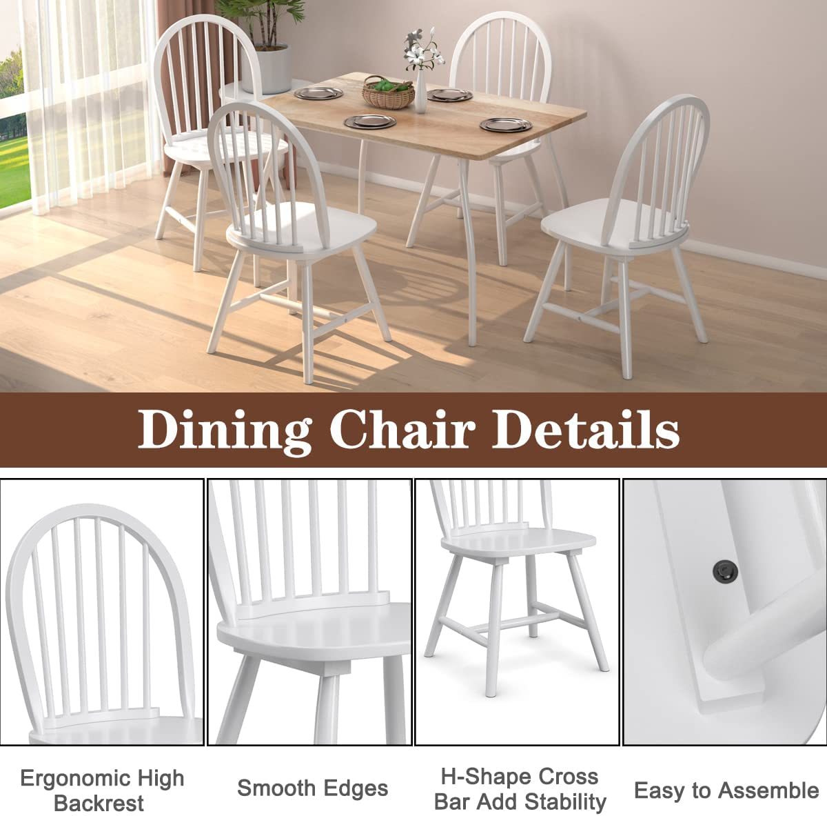 Set of 2 Vintage Windsor Wood Dining Chairs with Armless Spindle Back for Kitchen Dining Room