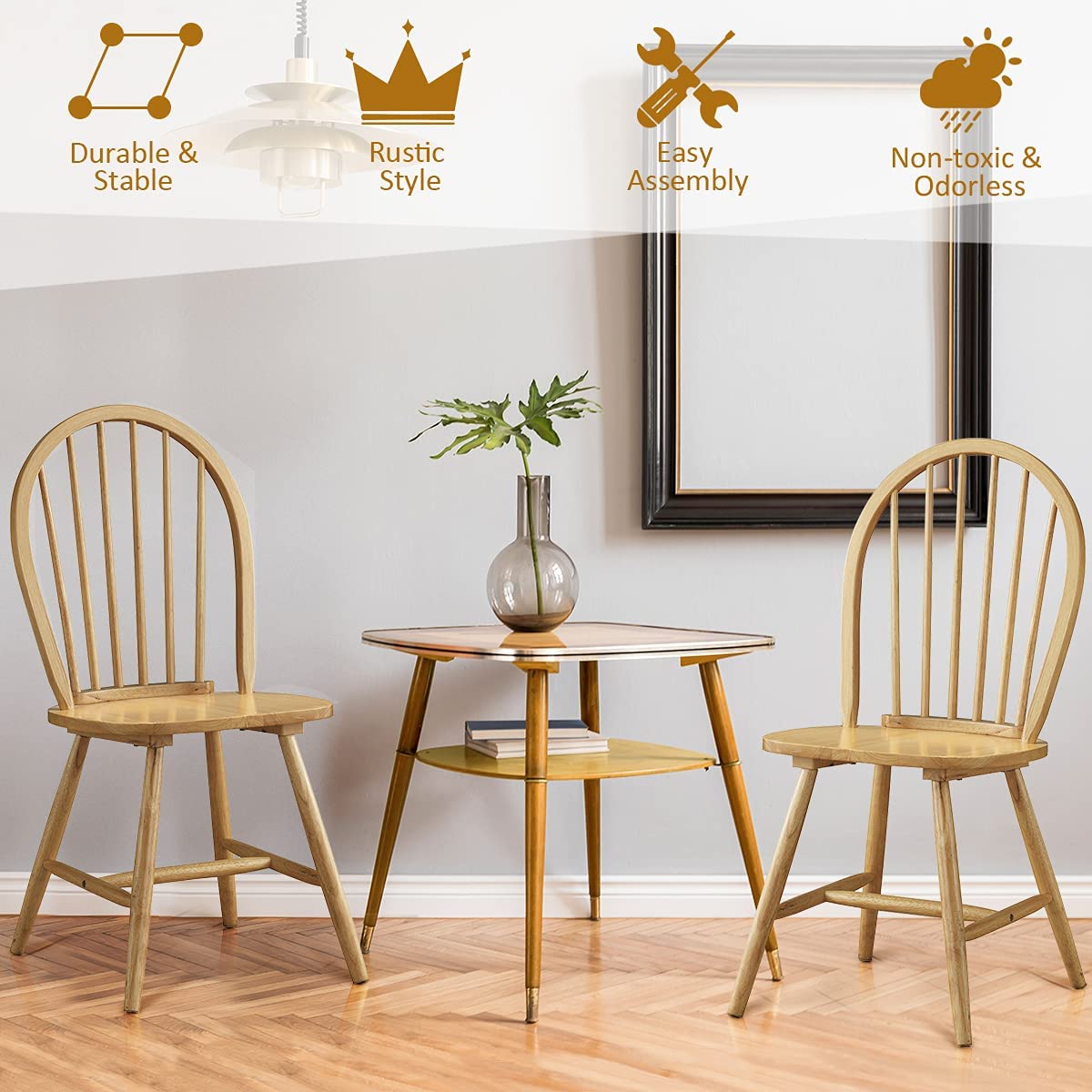 Set of 2 Vintage Windsor Wood Dining Chairs with Armless Spindle Back for Kitchen Dining Room