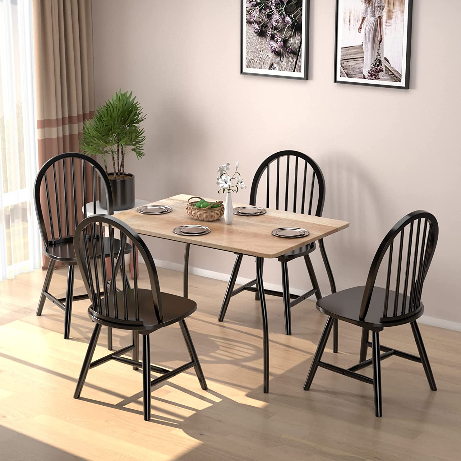 Set of 2 Vintage Windsor Wood Dining Chairs with Armless Spindle Back for Kitchen Dining Room