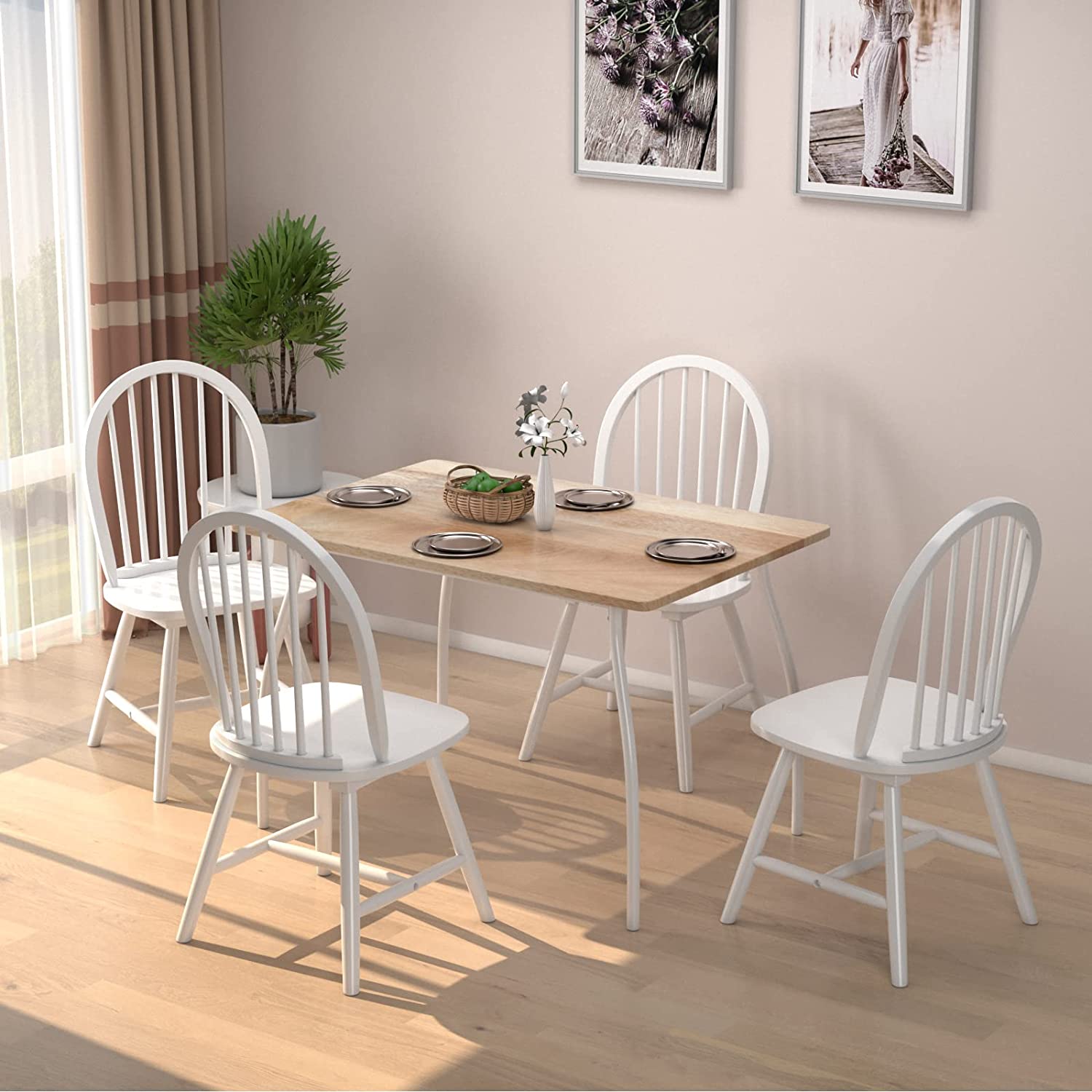 Set of 2 Vintage Windsor Wood Dining Chairs with Armless Spindle Back for Kitchen Dining Room