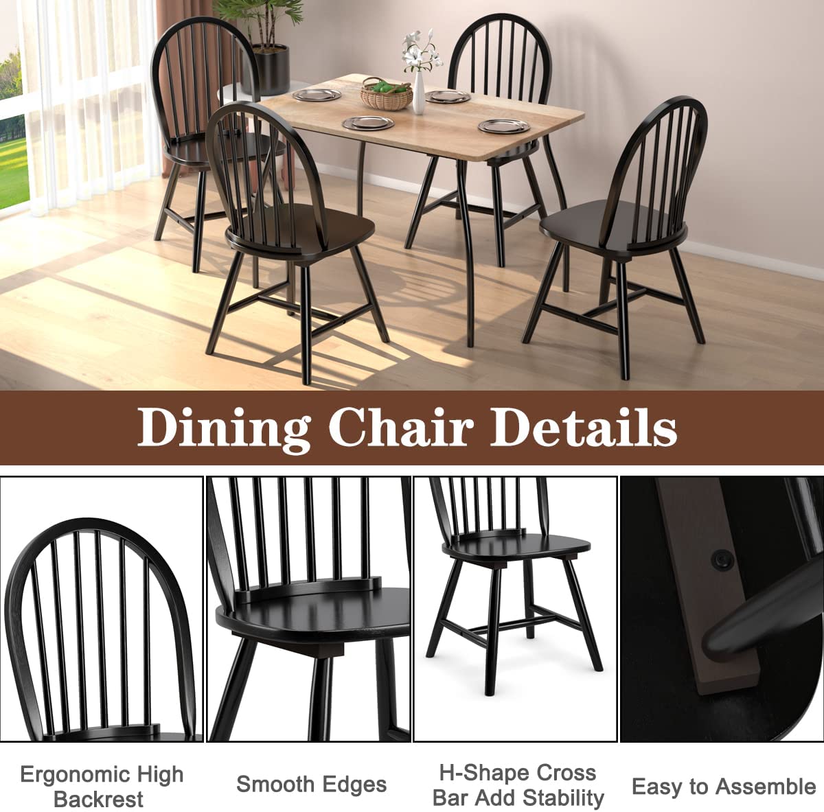 Set of 2 Vintage Windsor Wood Dining Chairs with Armless Spindle Back for Kitchen Dining Room