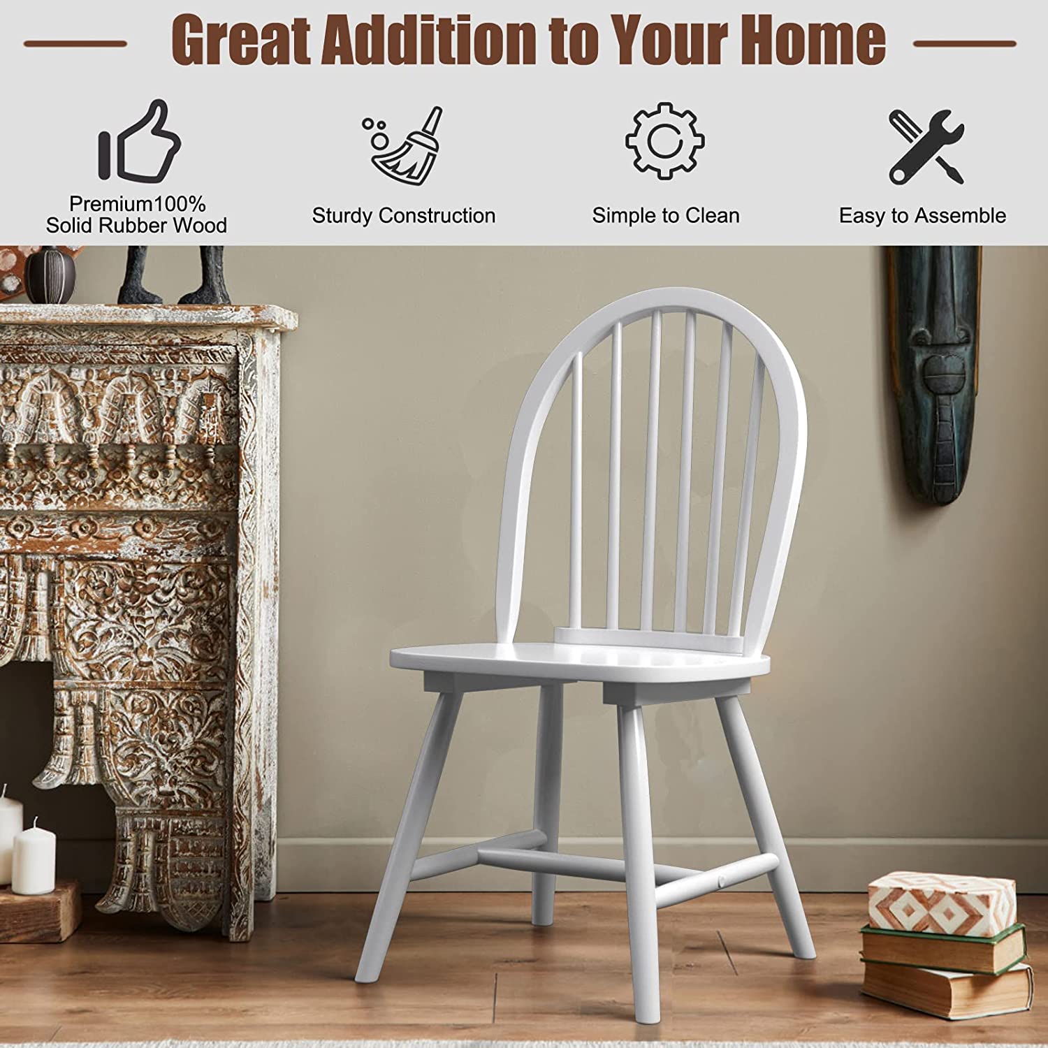 Set of 2 Vintage Windsor Wood Dining Chairs with Armless Spindle Back for Kitchen Dining Room