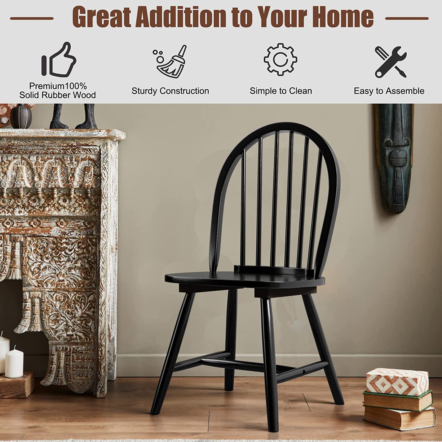 Set of 2 Vintage Windsor Wood Dining Chairs with Armless Spindle Back for Kitchen Dining Room