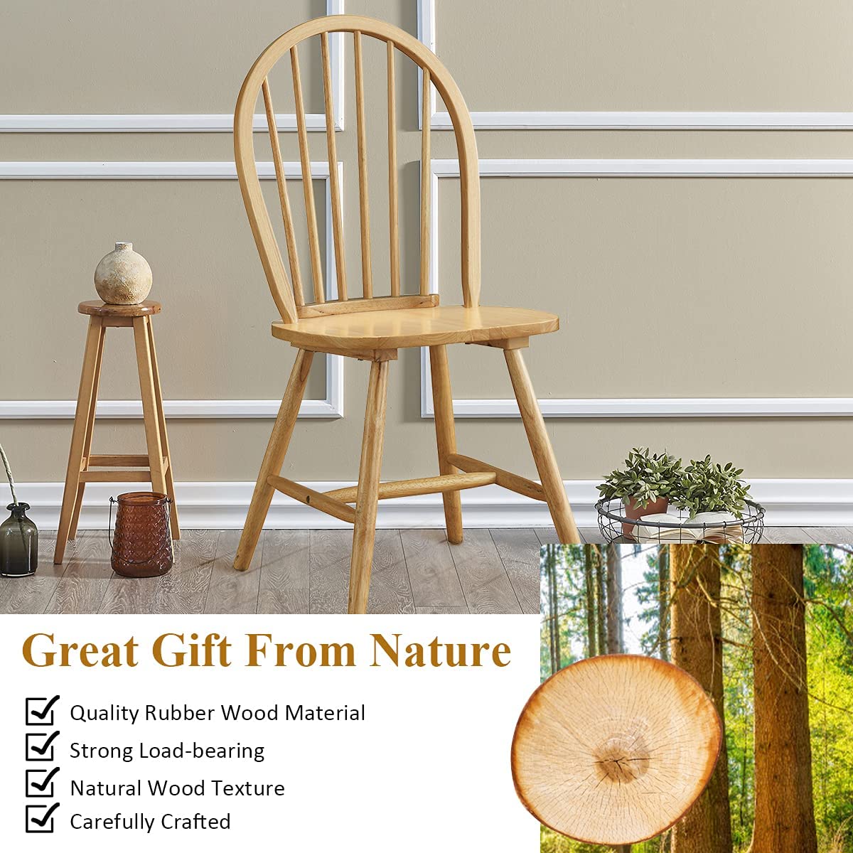 Set of 2 Vintage Windsor Wood Dining Chairs with Armless Spindle Back for Kitchen Dining Room