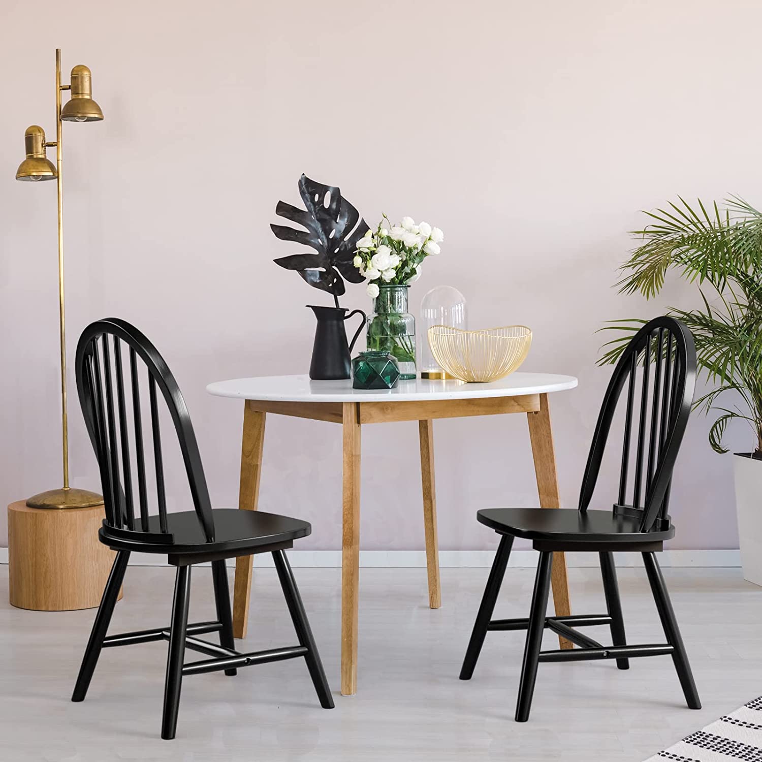 Set of 2 Vintage Windsor Wood Dining Chairs with Armless Spindle Back for Kitchen Dining Room