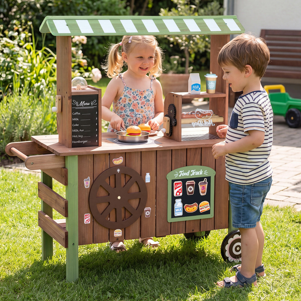 Kids Food Cart, Pretend Play Market Stand Food Cart w/Storage Shelves