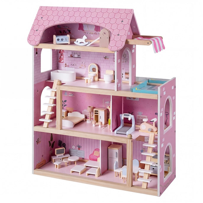 Wooden Dollhouse, Kids DIY Pretend Playhouse w/ 33 PCS Furniture Accessories