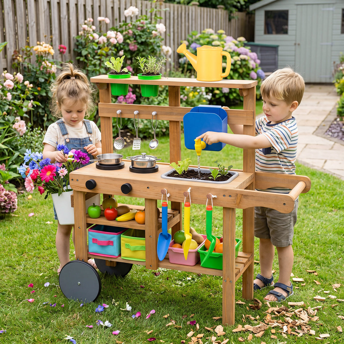 Honey Joy Kids Mud Kitchen, Rolling Outdoor Play Kitchen with Flowerpots, Water Tank, Sink