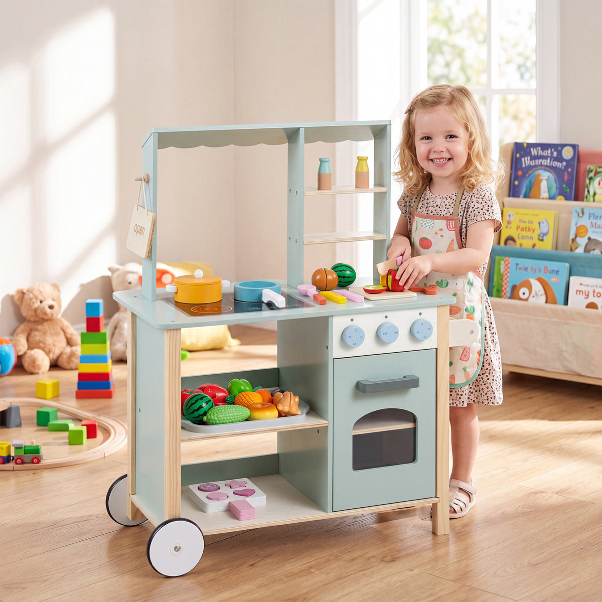 Play Kitchen for Kids, Wooden Kitchen Playset with Stoves, Oven