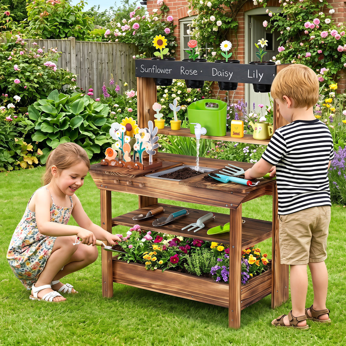 Outdoor Wood Mud Kitchen for Kids, Kids Potting Bench w/ Water Faucet, Sink, Planter, Seeding Pots, Chalkboard, Gardening Tools, Flower Toys, Sensory Kitchen Playset for Children Age 3+