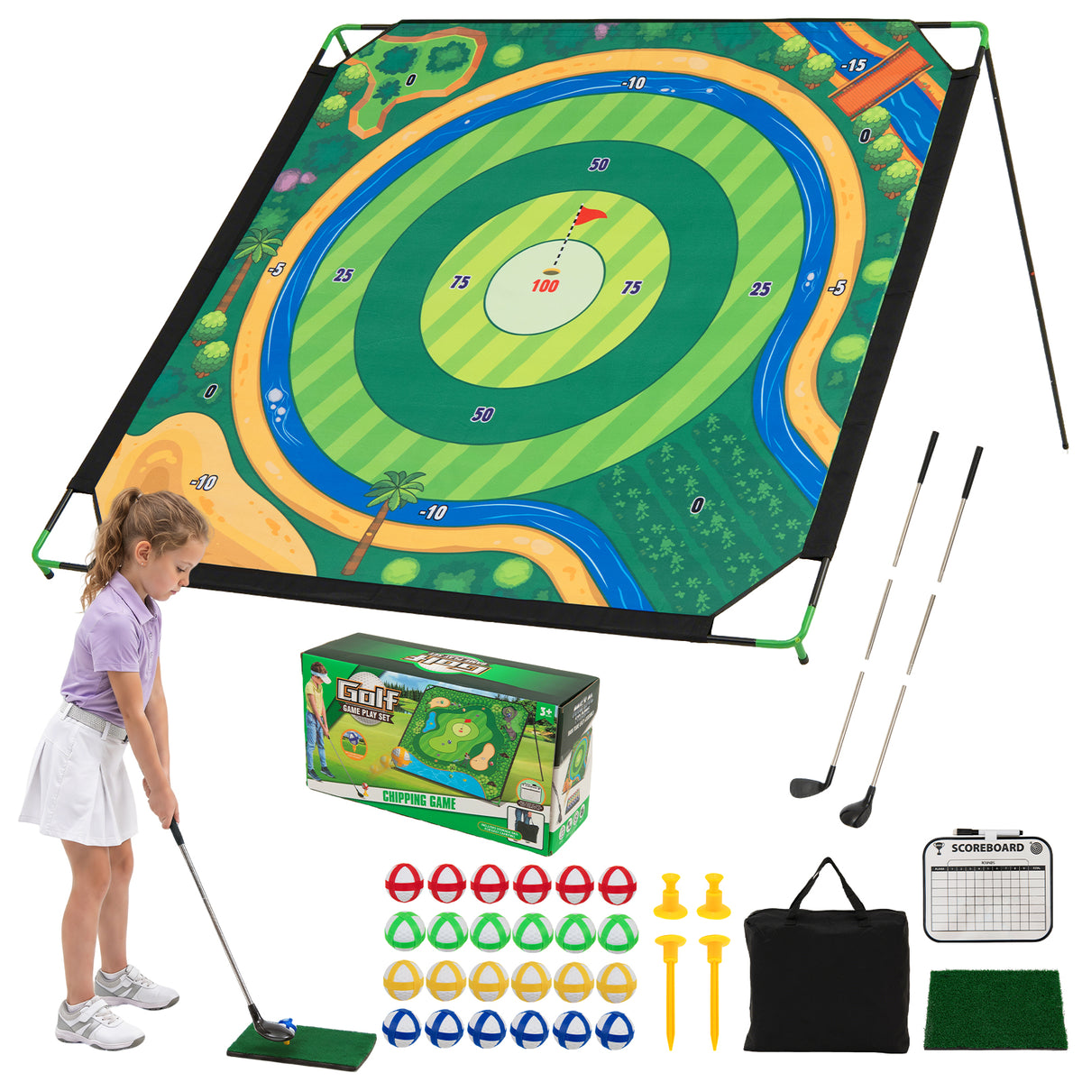Golf Chipping Game Set, 181 x 181 cm Large Chipping Mat for Indoor & Outdoor Practice