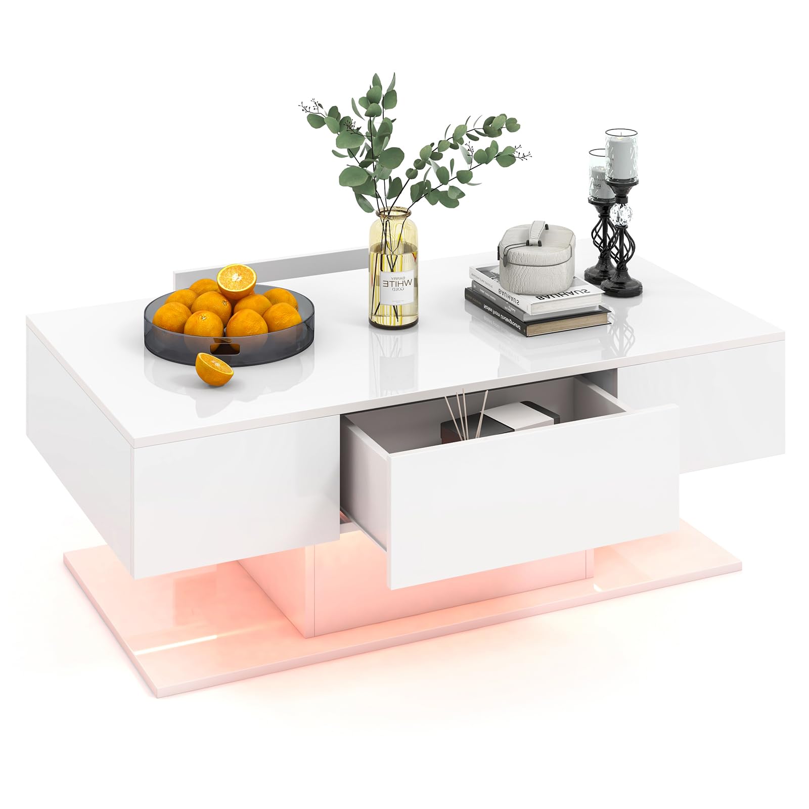 2-Tier Modern LED Coffee Table, High Glossy Rectangle Center Table with 20-Color Lights, 2 Storage Drawers & Remote Control for Living Room