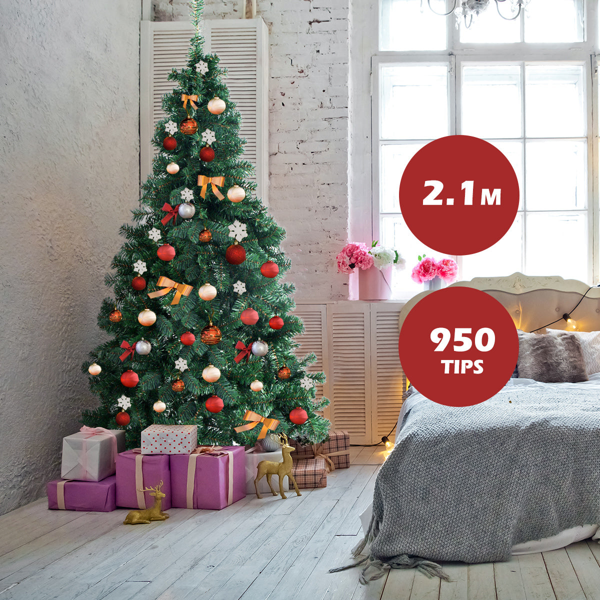 2.1m Artificial Christmas Tree Xmas Pine Tree with Solid Metal Legs
