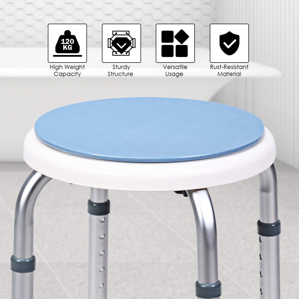 360° Rotating Shower Stool with 6 Height & Anti-Slip Rubber Tips